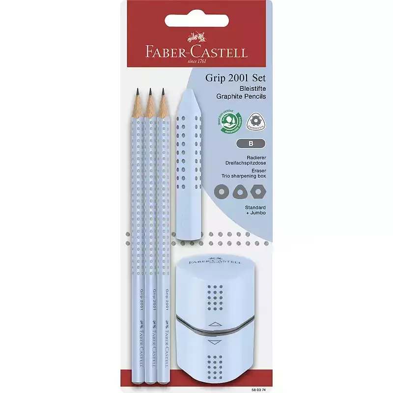 Zestaw grip 2001 błękitny faber-castel 3 ołówki + gumka+temperówka