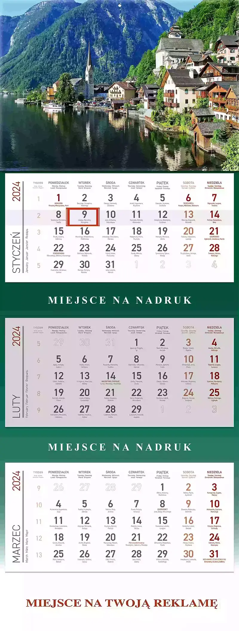 Kalendarz 2024 trójdzielny górskie jezioro