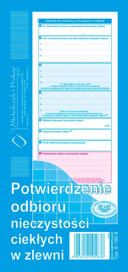 Potwierdzenie odbioru nieczystości ciekłych w zlewni