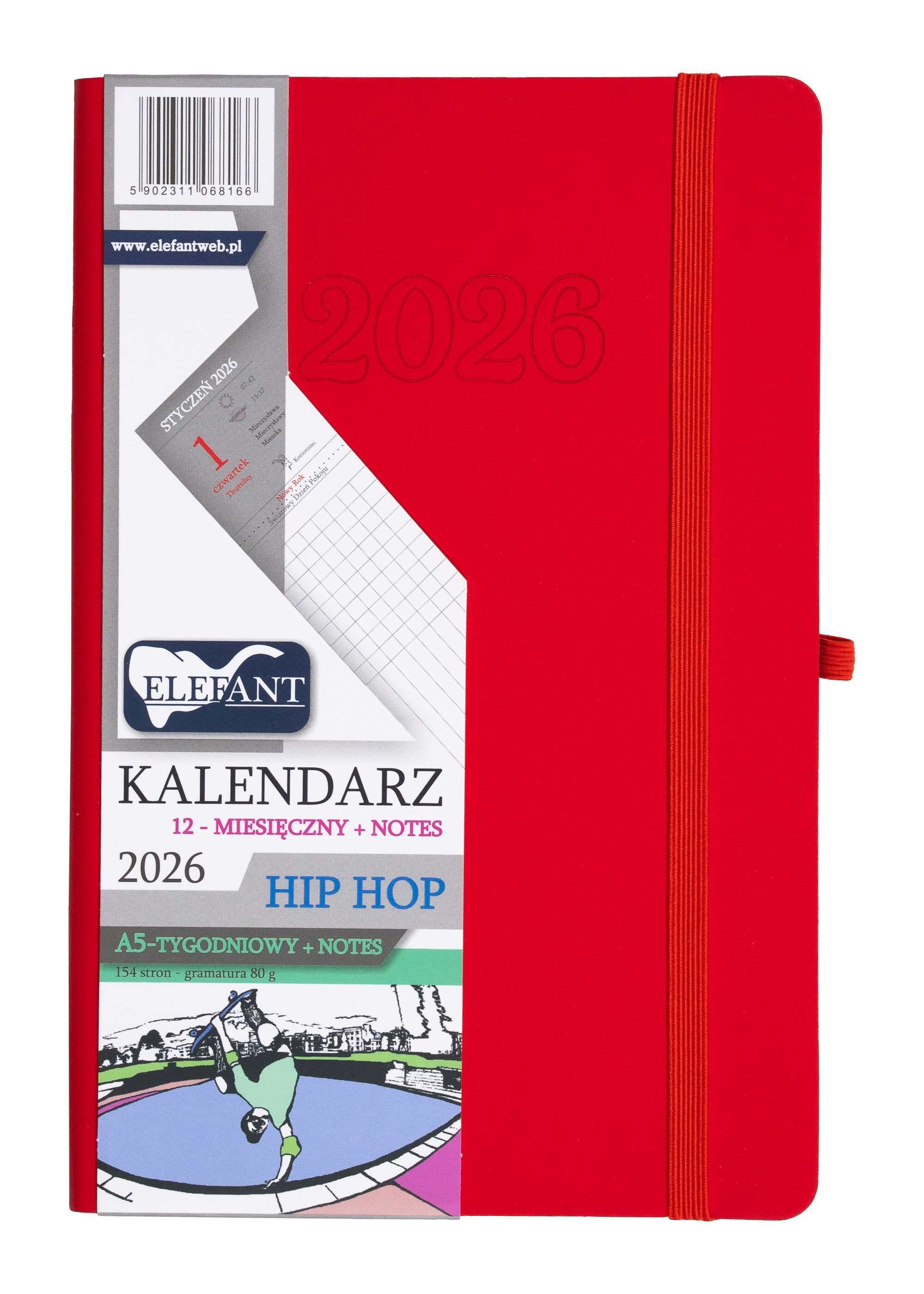 Kalendarz 2027 12 m-cy. Hip hop A5 tygodniowy czerwony