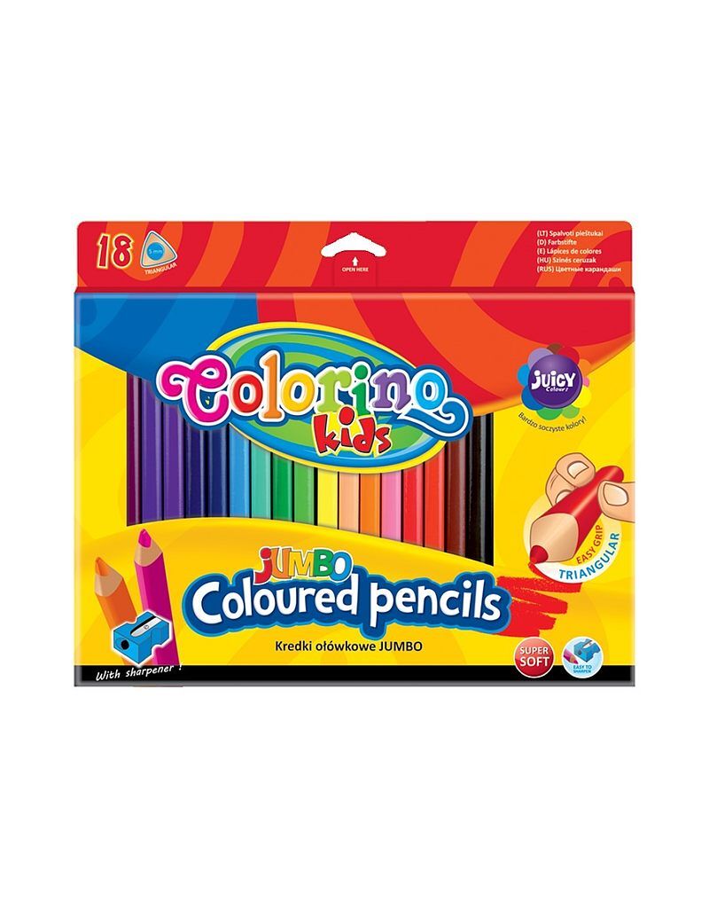 Kredki ołówkowe jumbo colorino kids trójkątne 17,5 cm 18 kolorów + temperówka