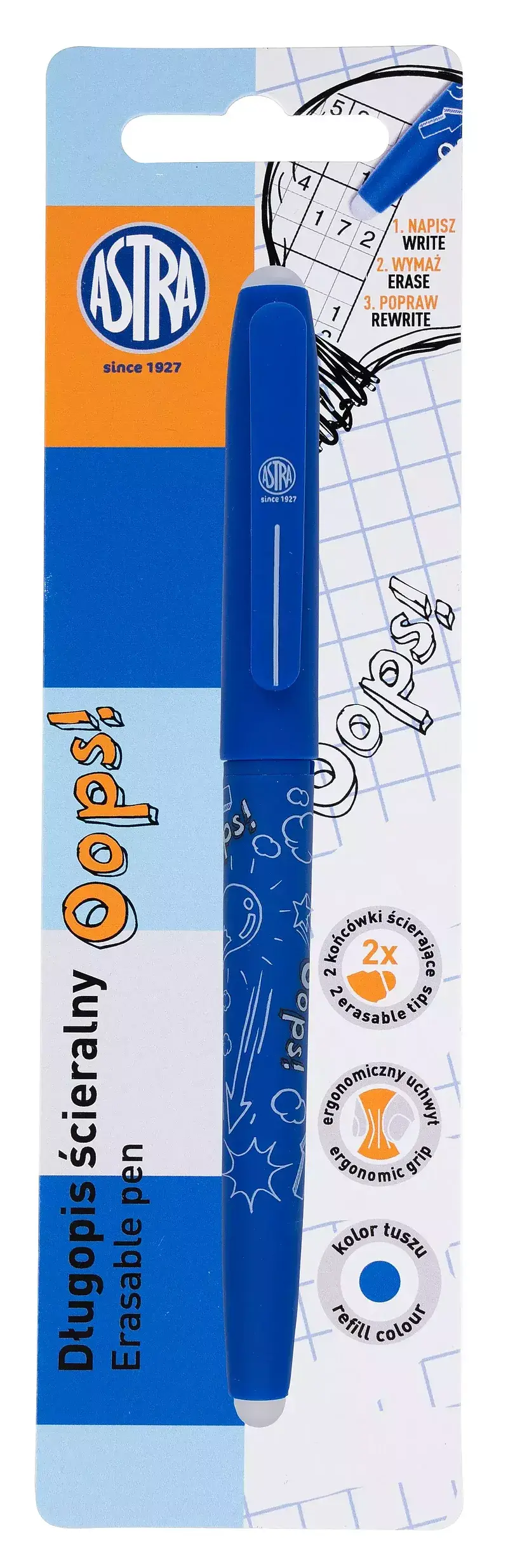 Długopis ścieralny oops niebieski blister