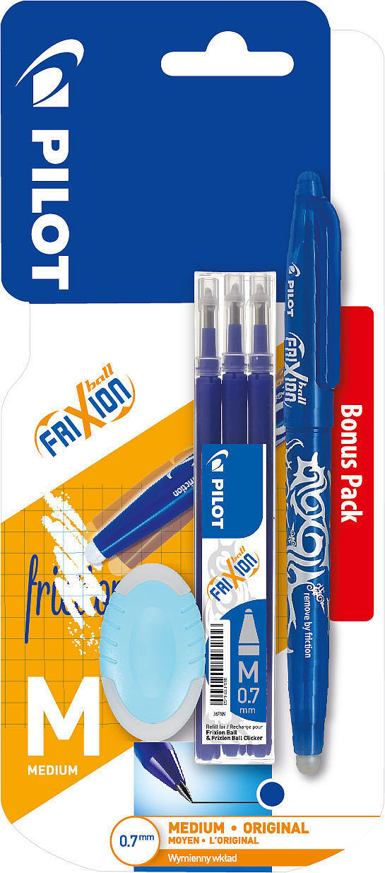 Pióro kulkowe frixion ball + 3 wkłady + 1 gumka niebieski pilot