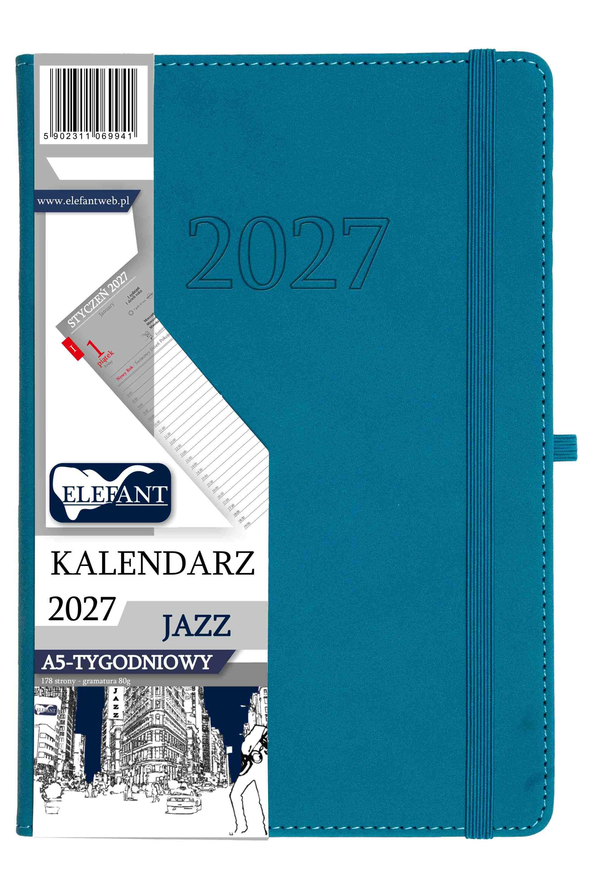 Kalendarz 2027 Jazz A5 tygodniowy turkusowy