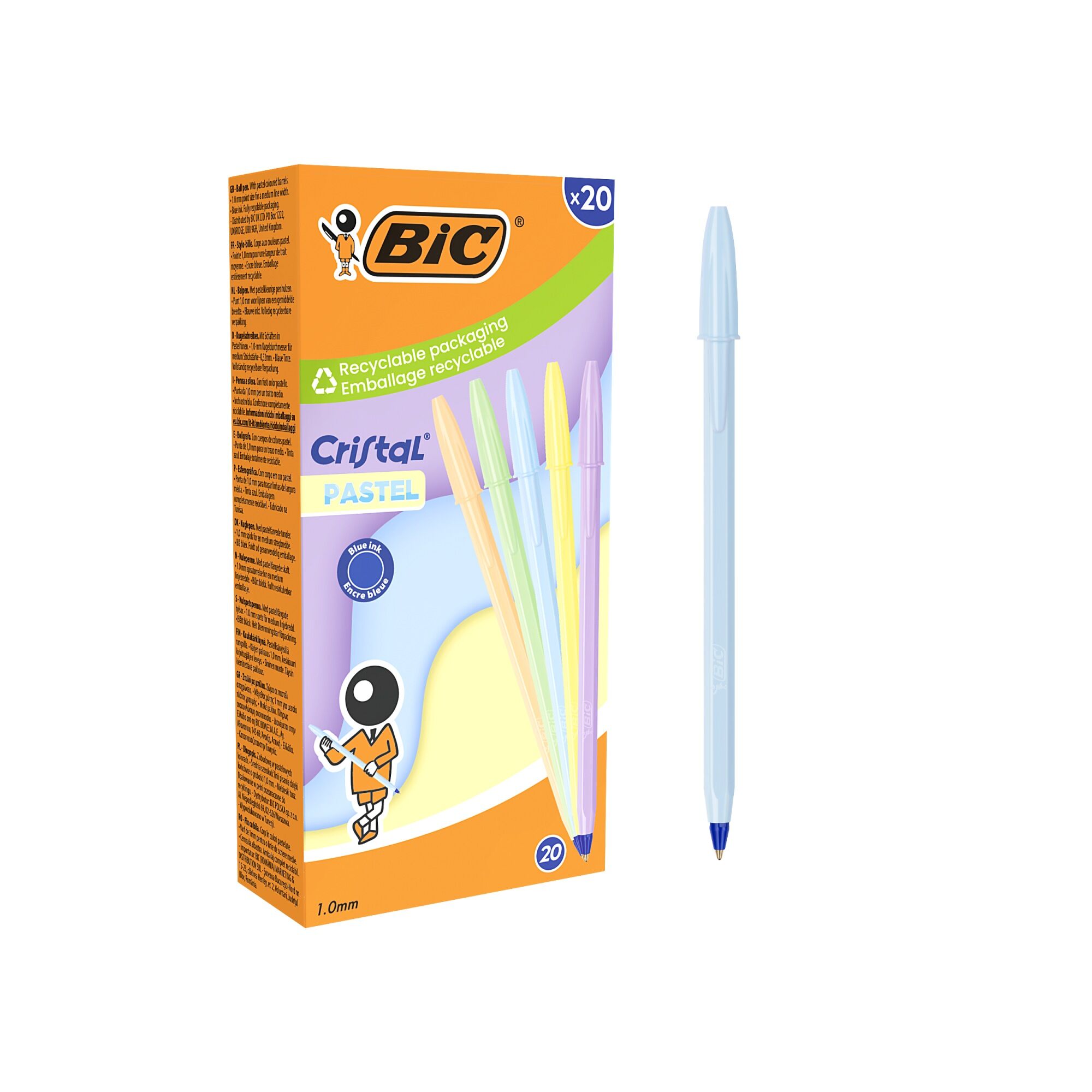 Paczka Długopis niebieski BIC Cristal Pastel 20szt.mix kolorów