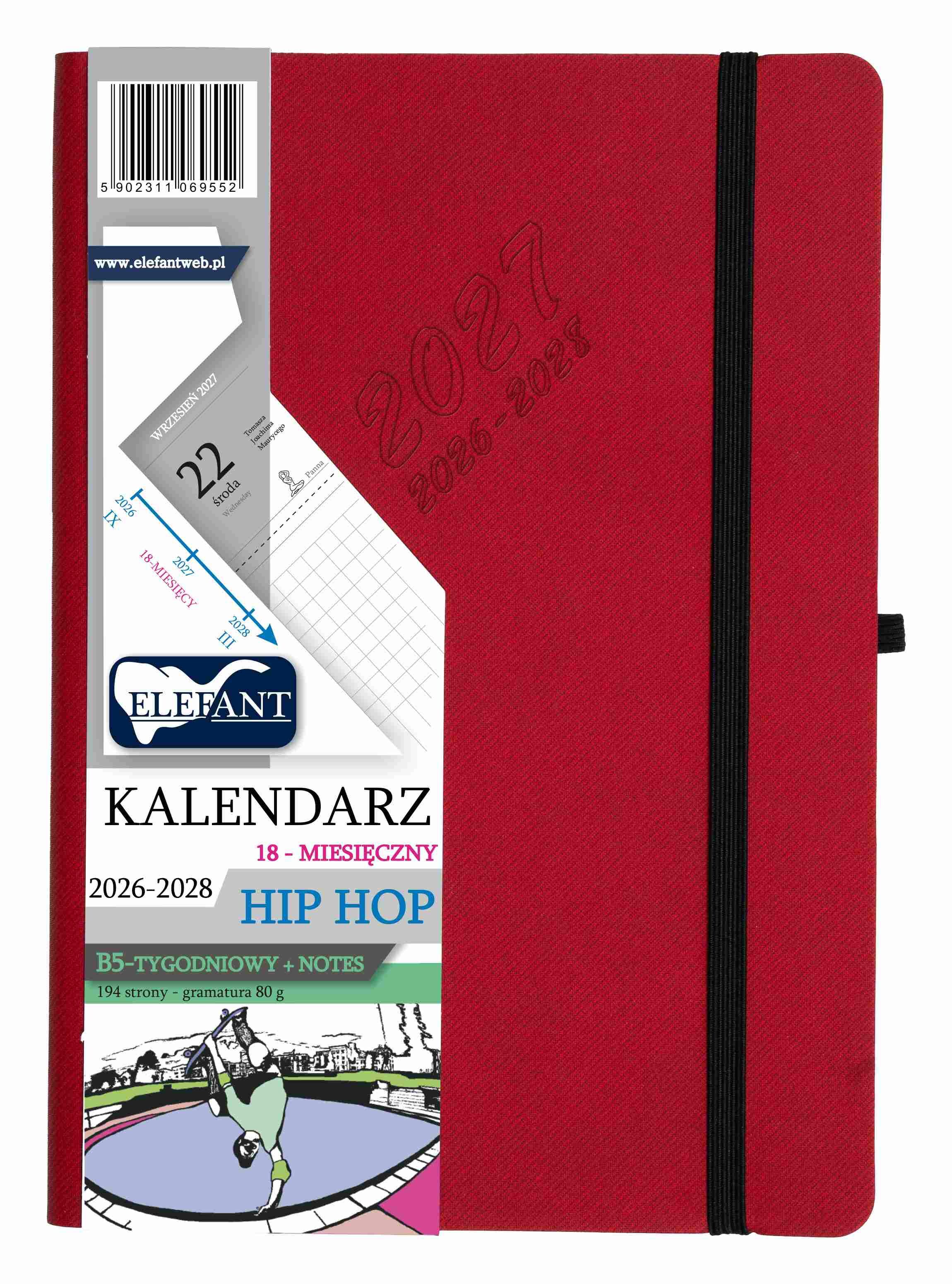 Kalendarz 2026/2028 18 m-cy. Hip hop B5 tygodniowy czerwony