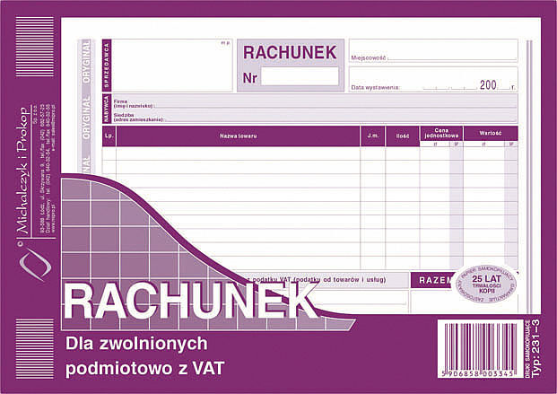 Rachunek a5 dla zwolnionych z vat poziom