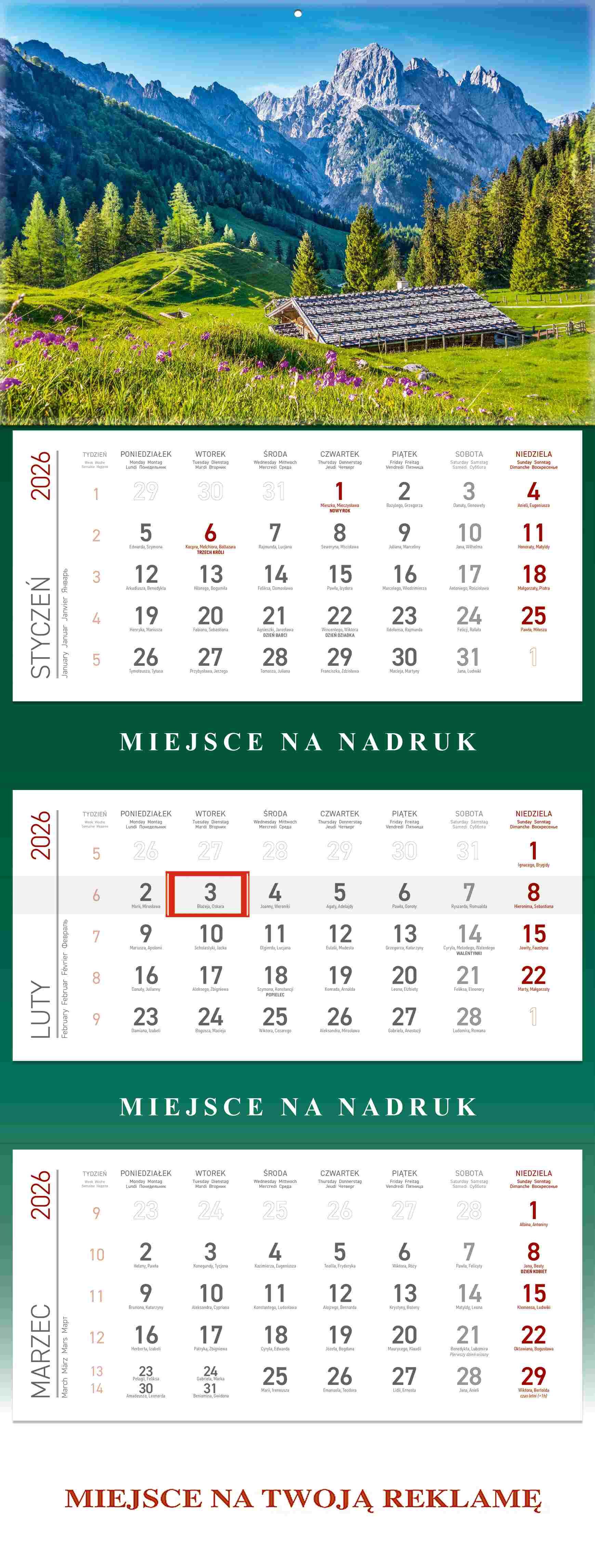 Kalendarz 2026 trójdzielny Góry