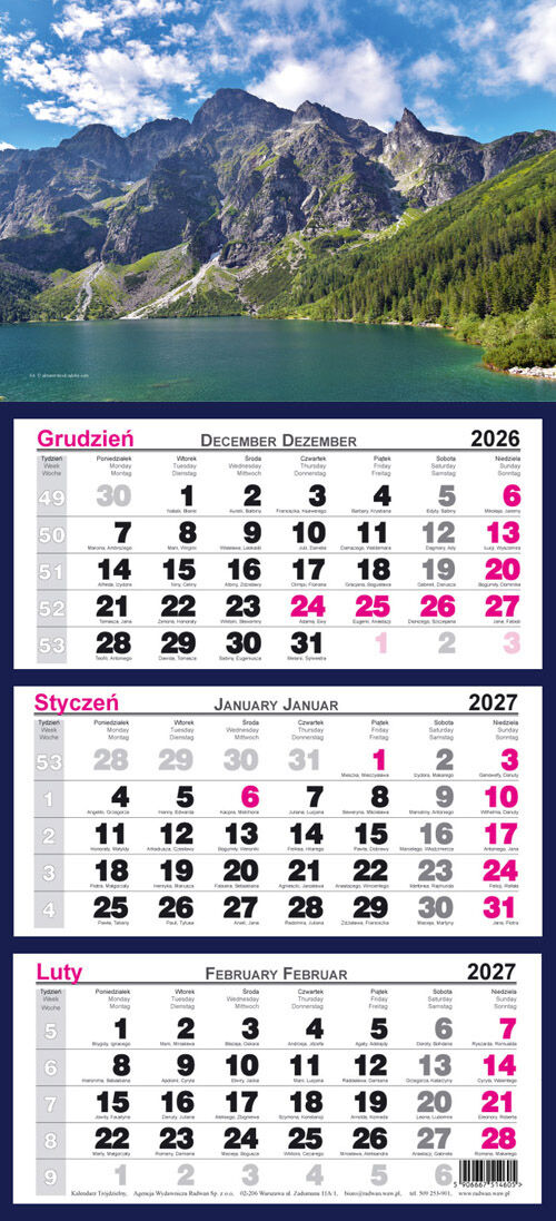 Kalendarz 2027 trójdzielny ścienny Morskie Oko