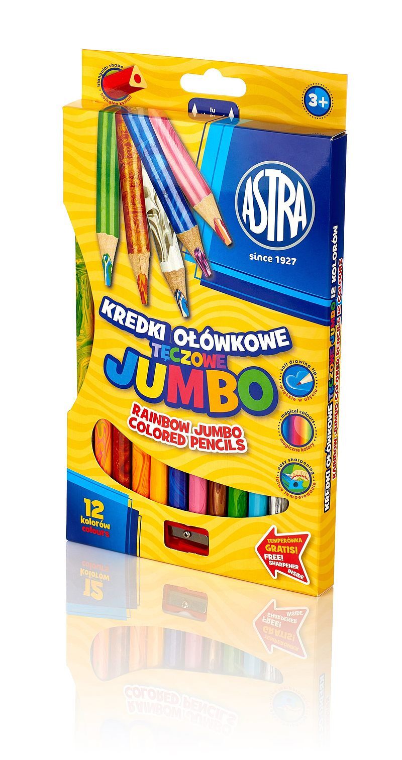 Kredki astra ołówkowe jumbo trójkątne tęczowe temperówka 12 kolorów