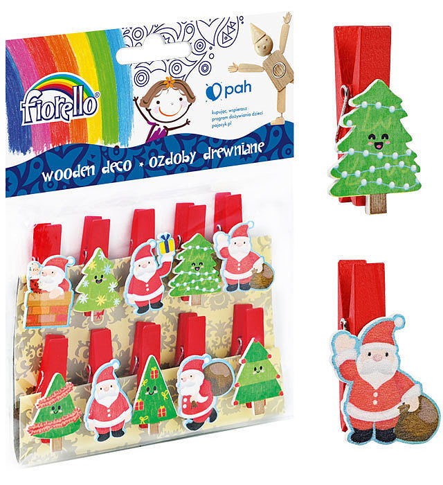 Ozdoby drewniane spinacz mikołaj/choinka bn 10 szt. Fiorello gr-wd699
