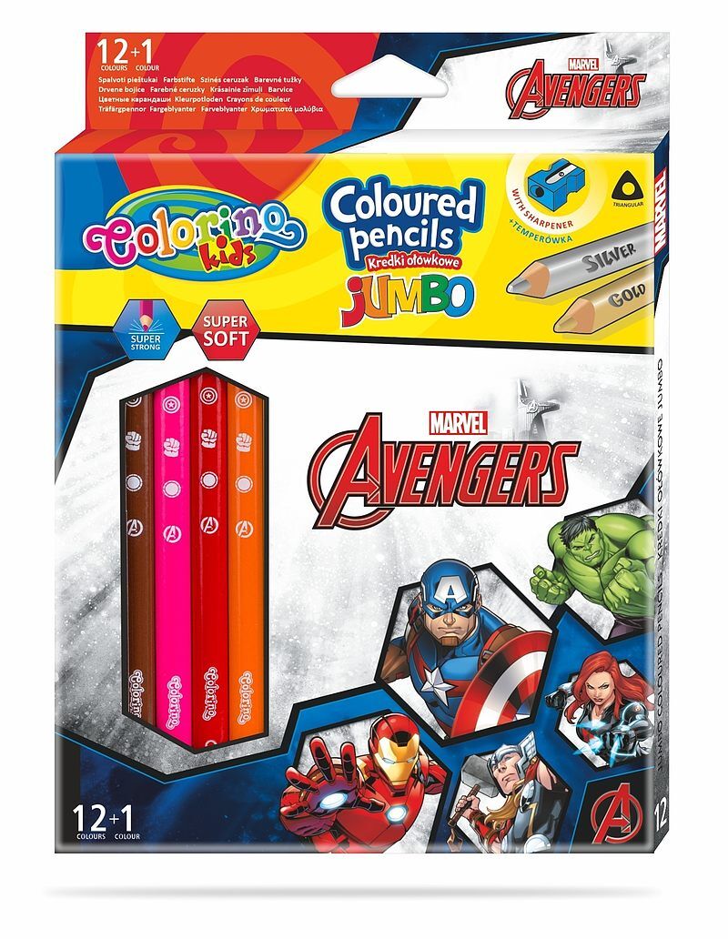 Kredki ołówkowe trójkątne jumbo colorino kids 13 kolorów 12 sztuk z temperówką avengers