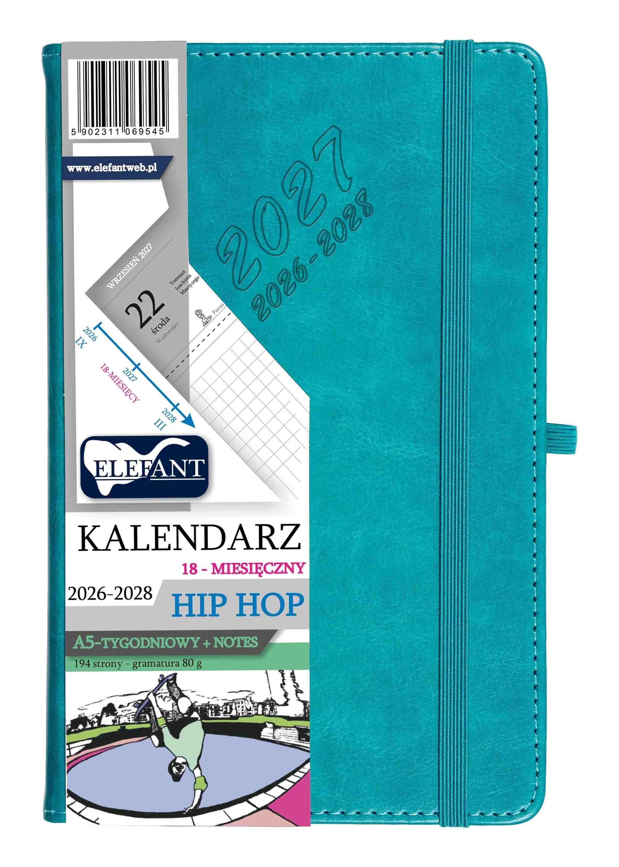 Kalendarz 2026/2028 18 m-cy. Hip hop A5 tygodniowy turkusowy