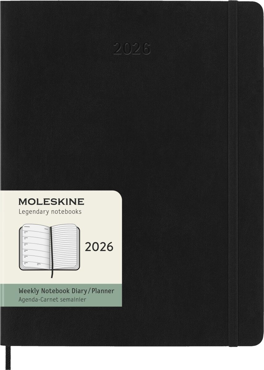 Kalendarz 2026 12M Moleskine XL tygodniowy miękka oprawa czarny 19x25cm
