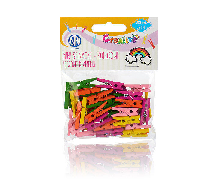 Spinacze drewniane kolorowe mini astra tęczowe klamerki 50 sztuk