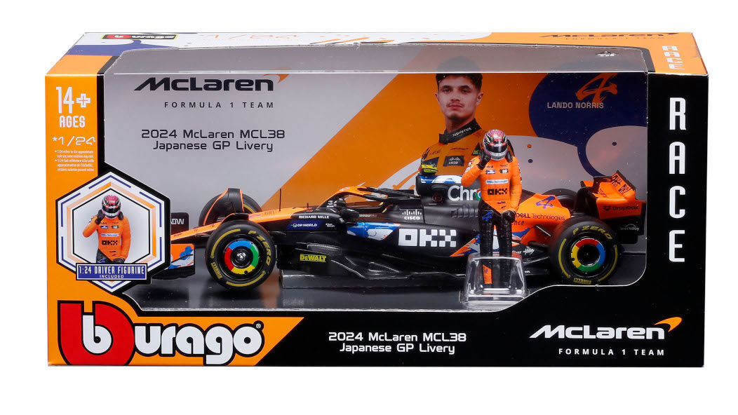 Bburago Model 1:24 BOLID F1 McLaren MCL38 FIGURKA NORRIS GP JAPONII 2024 18-28040