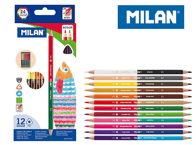 Kredki milan ołówkowe trójkątne bicolor 24 kolory 12 sztuk