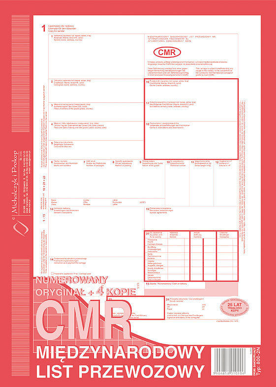 Międzynarodowy list przewozowy cmr a4 oryg. + 4 kopie-numerowany a4