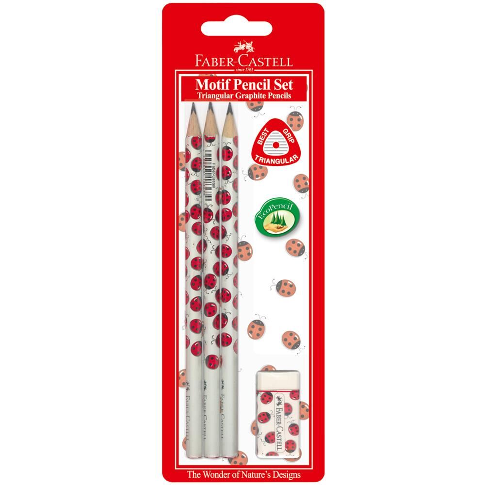 Ołówki Trójkątne Faber-Castell motyw biedronka 3 sztuki + gumka blister