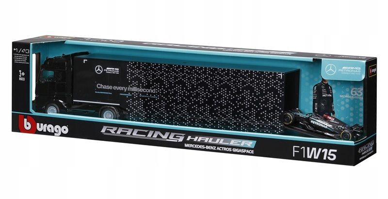 Bburago Model 1:43 F1 + SemiTruck Mercedes AMG Russell 18-38402