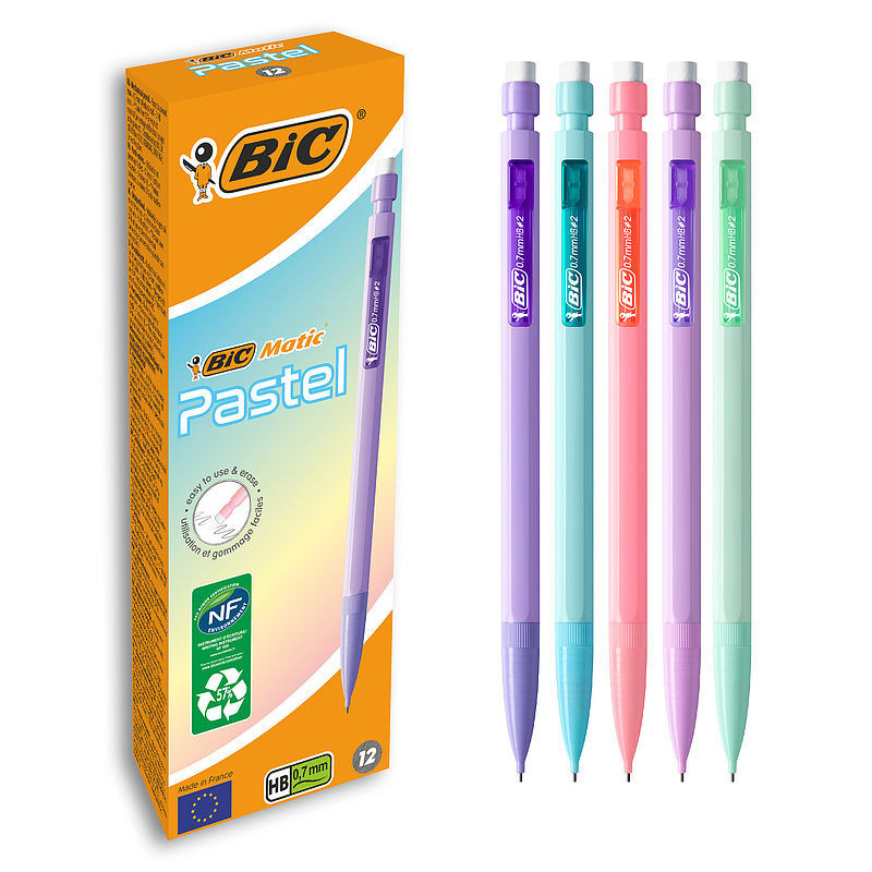 Ołówek automatyczny hb z gumką  0. 7mm bic matic pastel pudełko 12szt