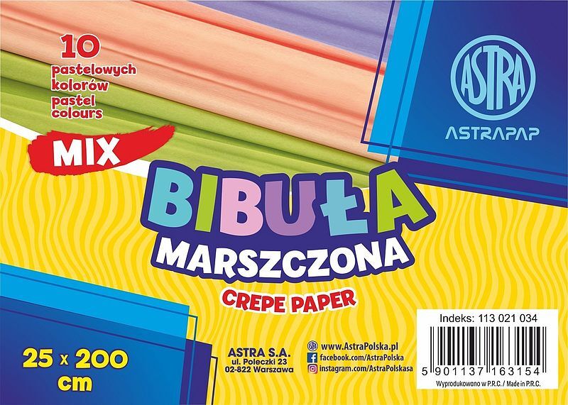 Bibuła marszczona astra 25x200 cm mix 10 kolorów pastelowych