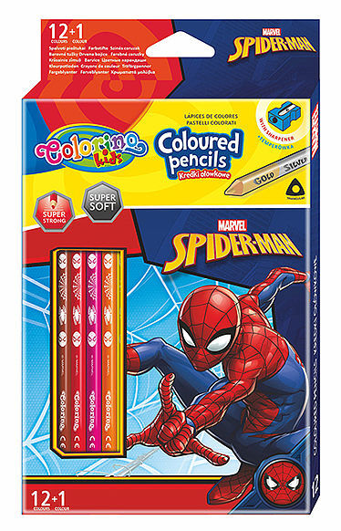 Kredki ołówkowe trójkątne colorino kids 13 kolorów 12 sztuk z temperówką spiderman