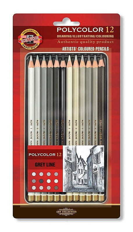 Kredki ołówkowe polycolor koh-i-noor 3822 12 kolorów linia szarości opakowanie metalowe