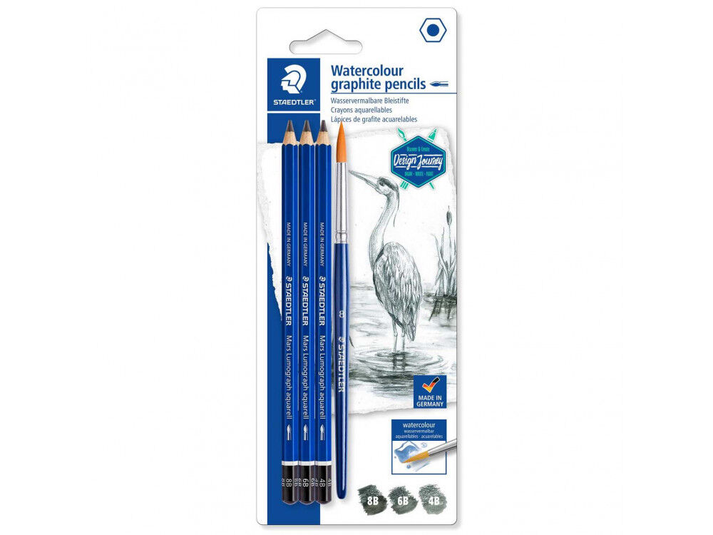 Ołówek akwarelowy Staedtler Mars Lumograph Design Journey 3 sztuki, 3 grubości z pędzelkiem na blisterze