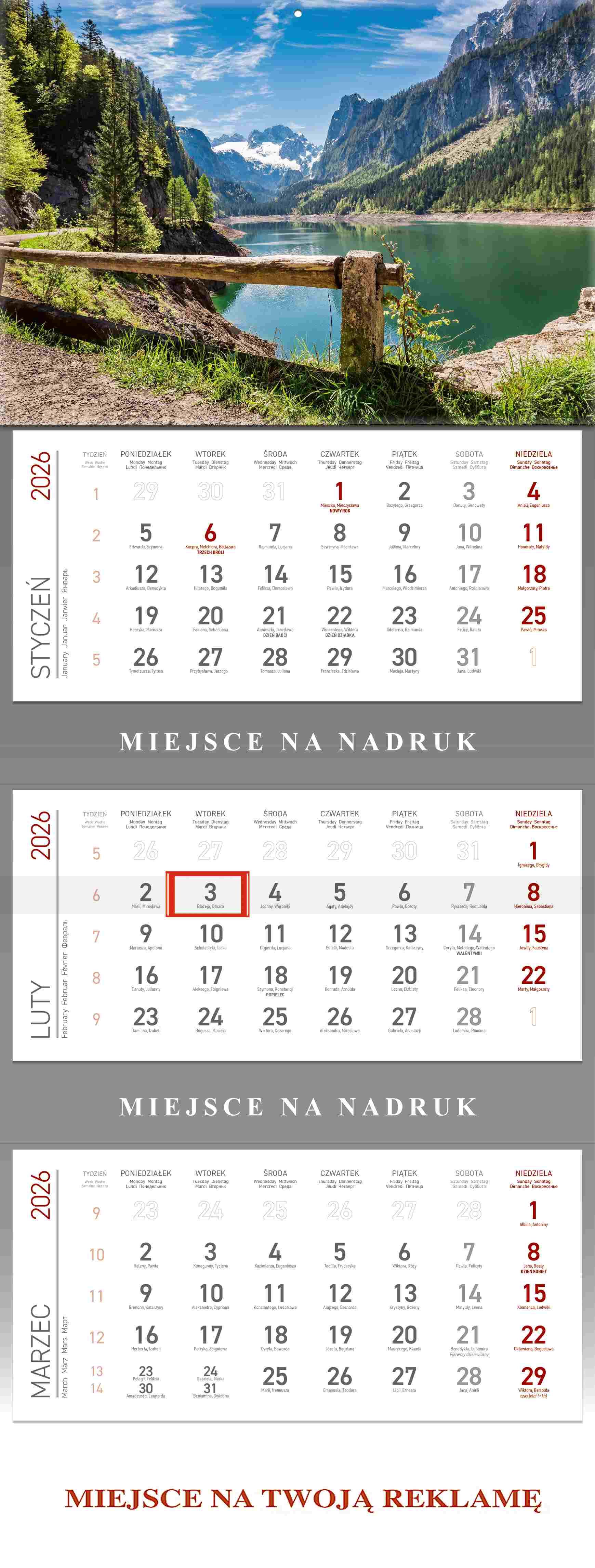 Kalendarz 2026 trójdzielny Górskie Jezioro