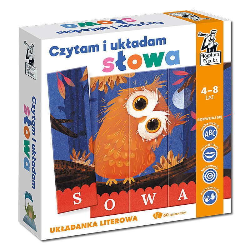 Czytam i układam słowa. Układanka literowa. Zestaw sowa. Kapitan Nauka