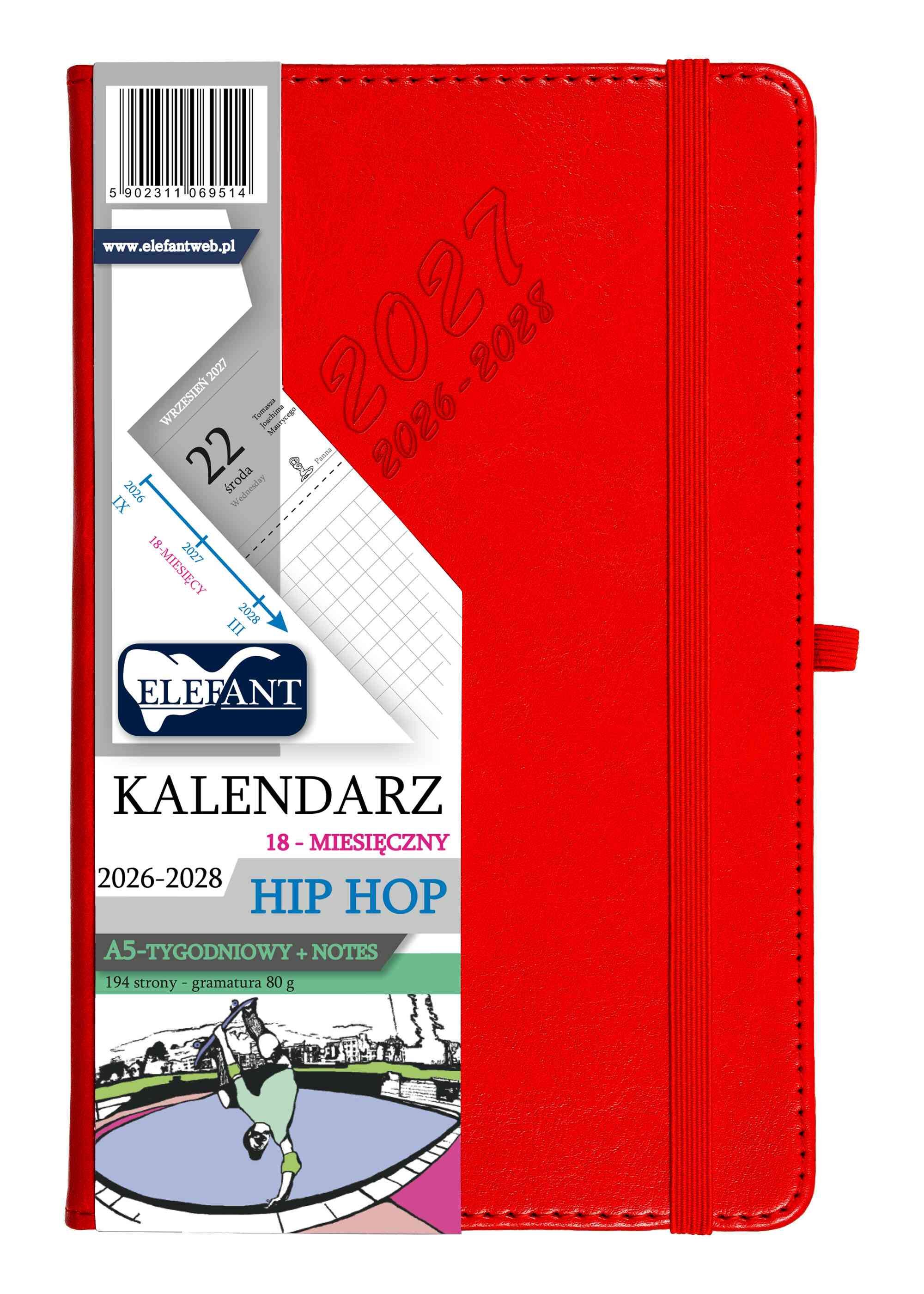 Kalendarz 2026/2028 18 m-cy. Hip hop A5 tygodniowy czerwony
