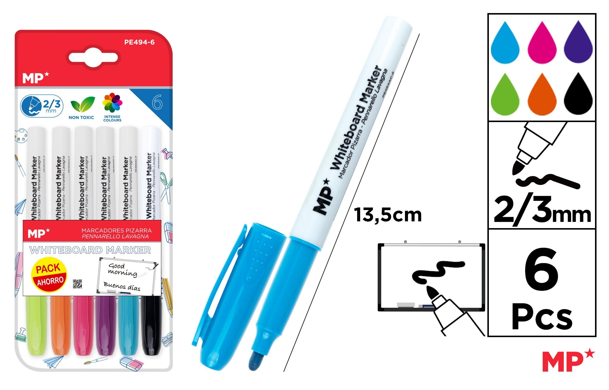 Marker do tablic suchościeralnych MP 2/3mm 6 kolorów blister