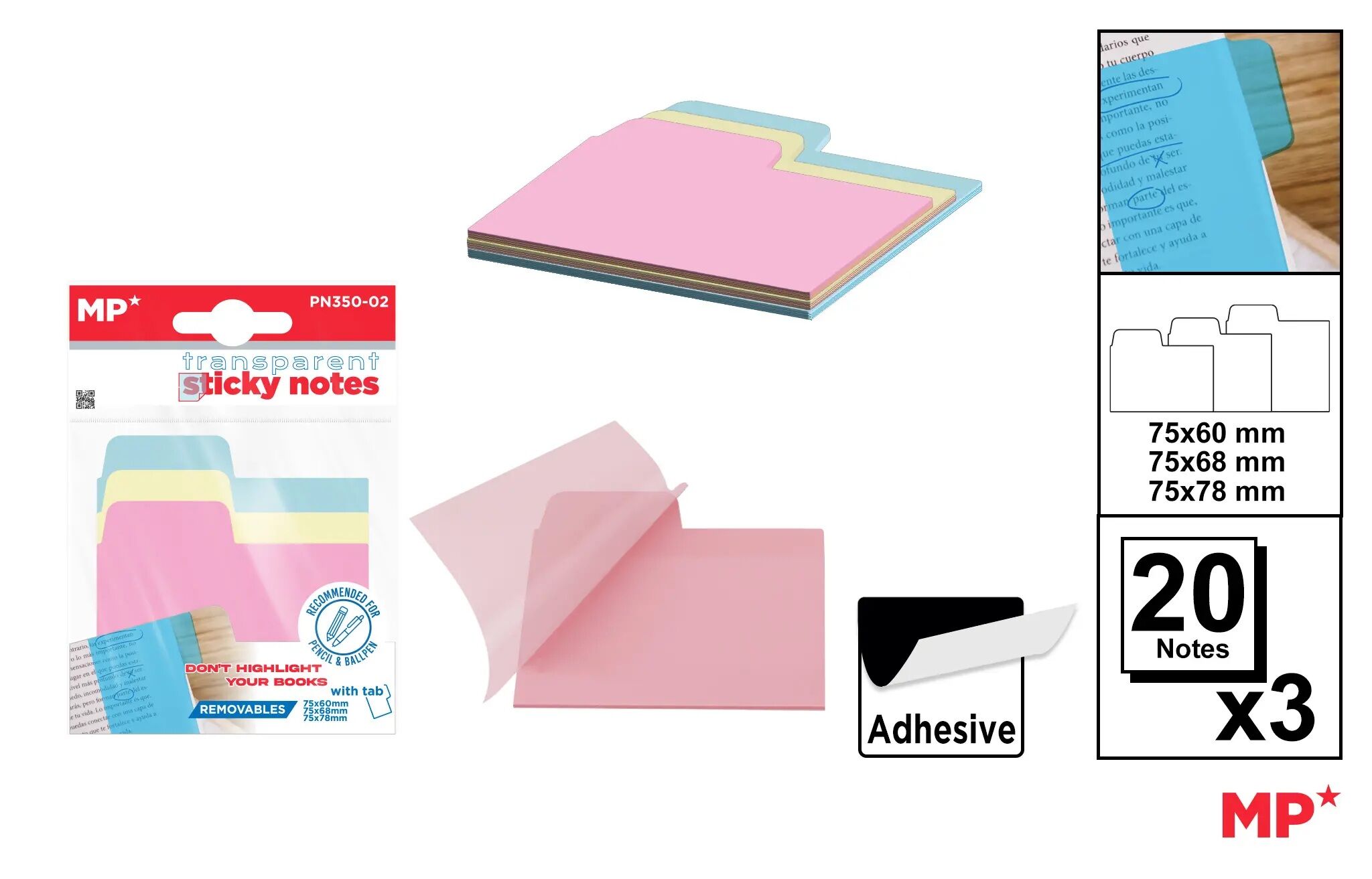 Karteczki samoprzylepne indeksujące przezroczyste 75x60mm 3x20szt.