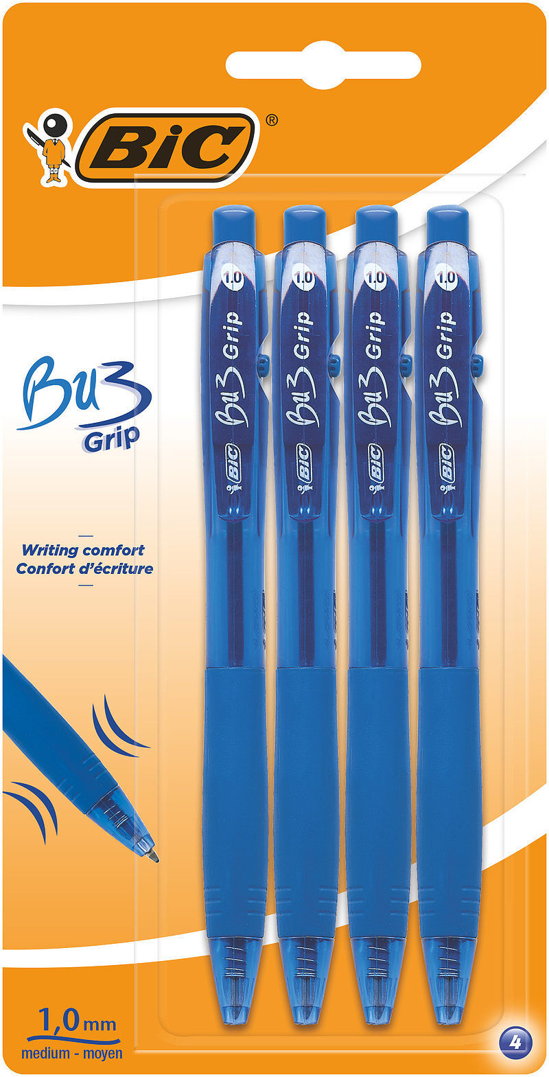 Długopis niebieski bic bu3 grip 4szt blister