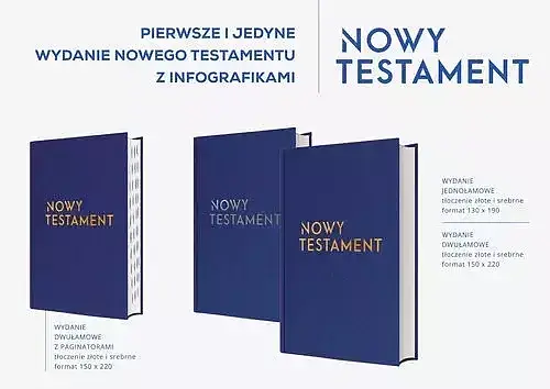 NOWY TESTAMENT z paginatorami - tłoczenie złote, skład dwułamowy, infografiki