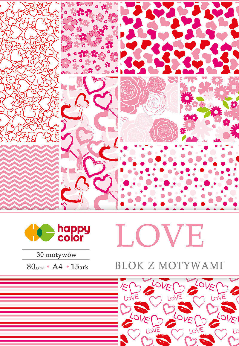 Blok happy color z motywami love a4 15 arkuszy 80g/m2, 30 motywów