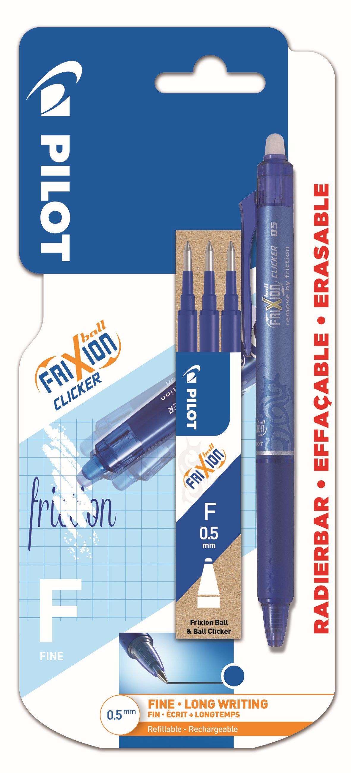 Pióro kulkowe Frixion Clicker Pilot 0,5 niebieskie +wkłady x3 blister