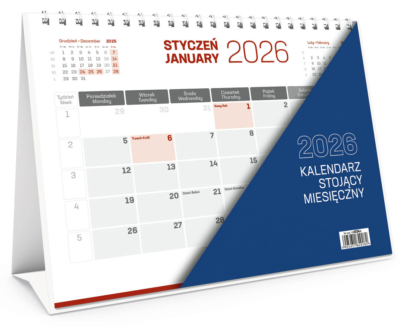 Kalendarz 2026 stojący miesięczny