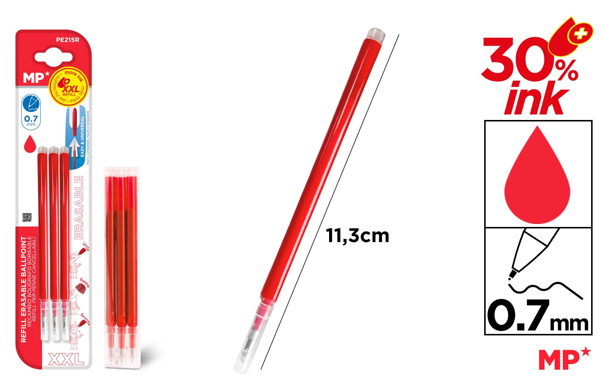 Wkłady do długopisów ścieralnych XXL MP 0.7mm czerwone 3szt. blister