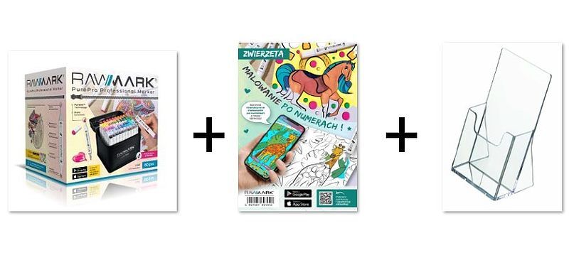 Promarkery alkoholowe rawmark purepro 80 kolorów w etui + +kolorowanka interaktywna rawmark zwierzęta 15 kartek połączona z aplikacją na telefon ar box