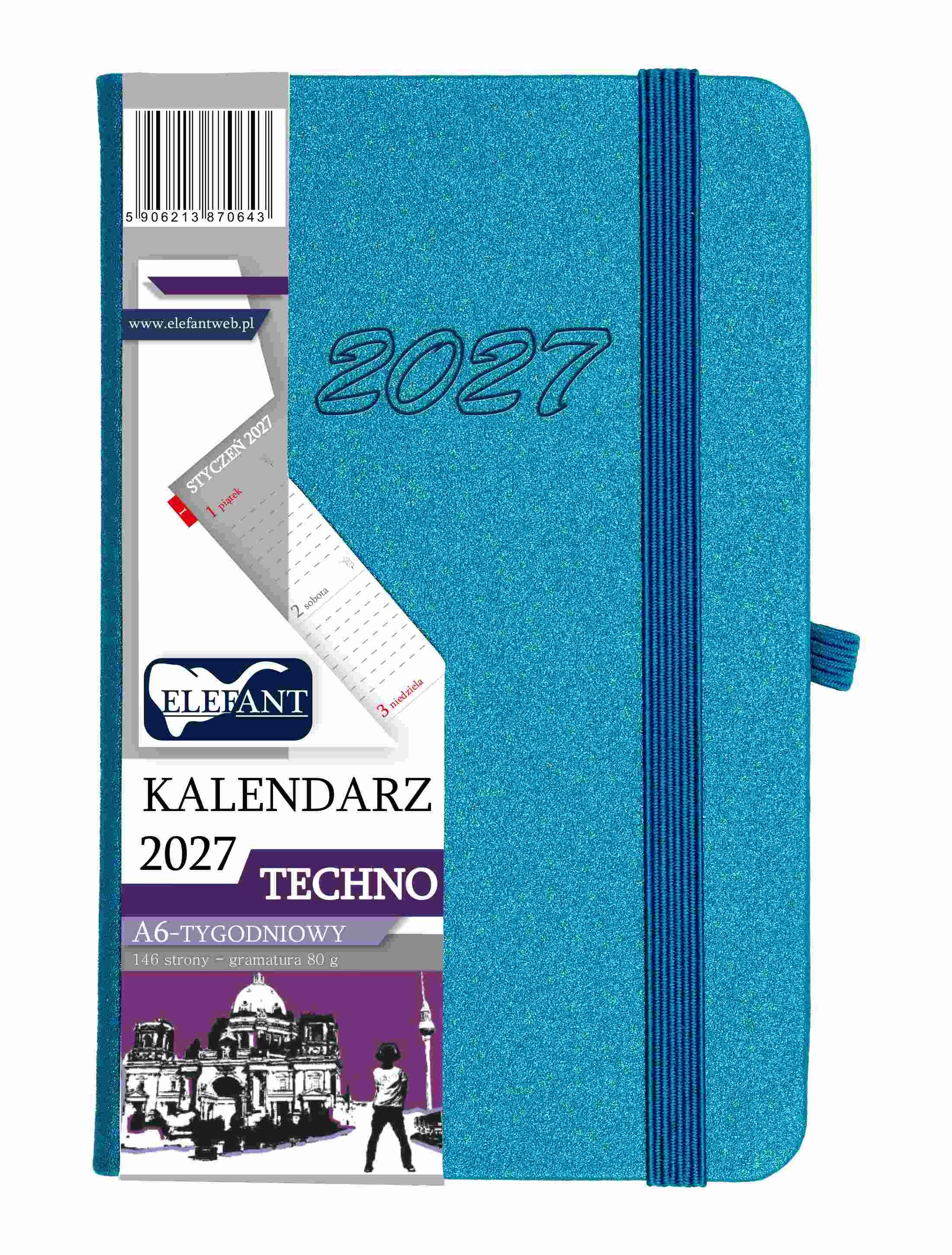 Kalendarz 2027 Techno A6 tygodniowy turkusowy