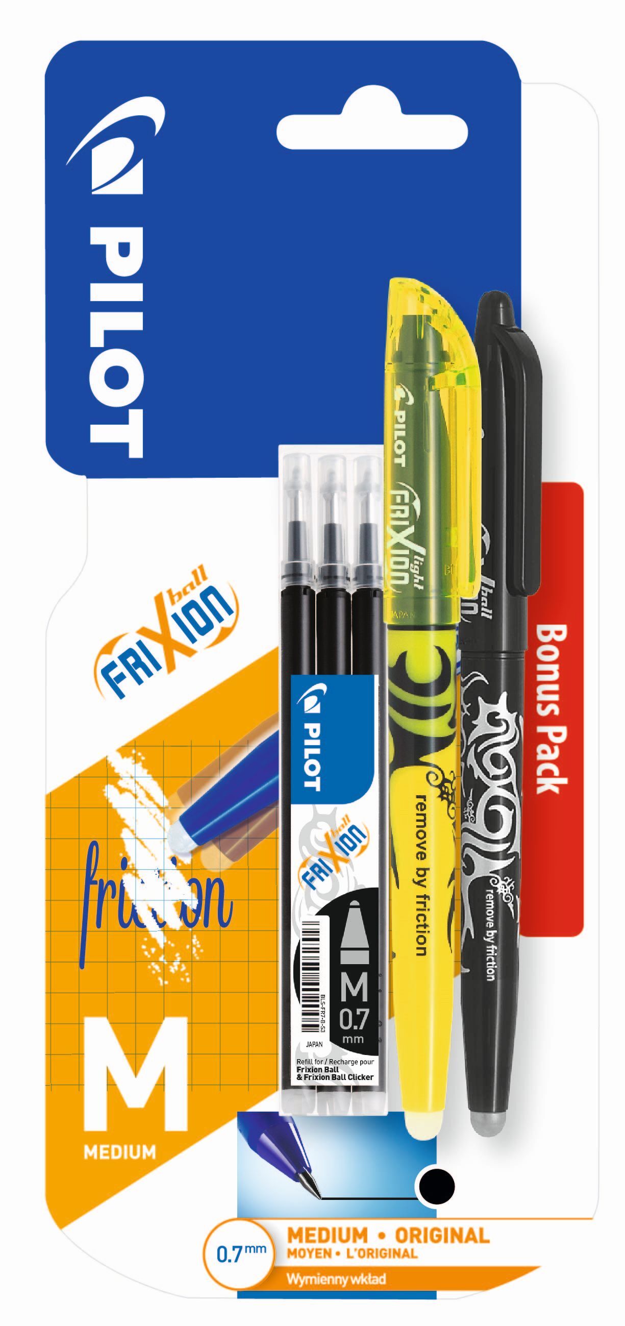 Pióro kulkowe Frixion Ball Pilot 0,7 czarne x1 + wkład Frixion Ball 0,7 czarny x3 + zakreślacz żółty x1 blister