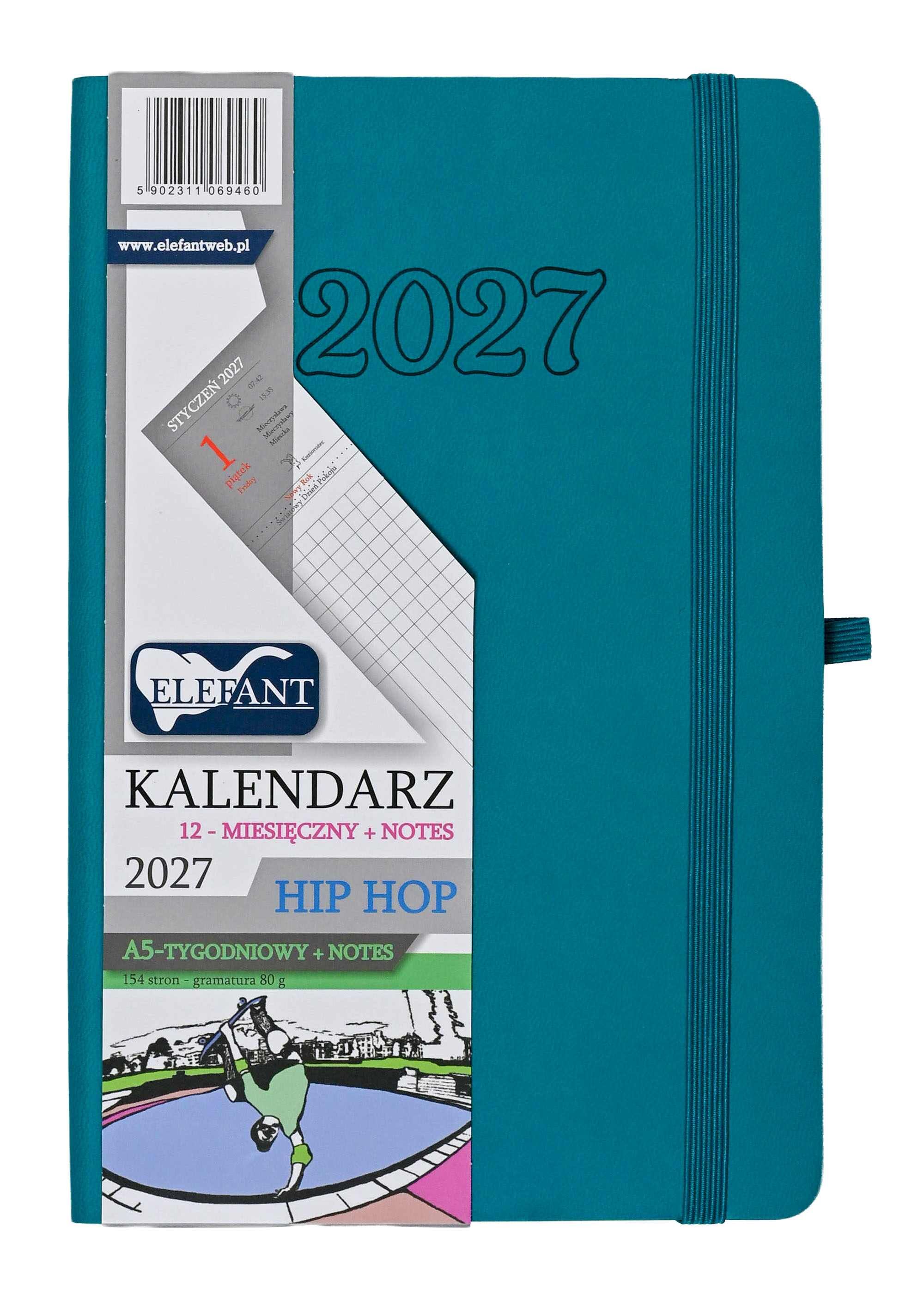 Kalendarz 2027 12 m-cy. Hip hop A5 tygodniowy szmaragdowy