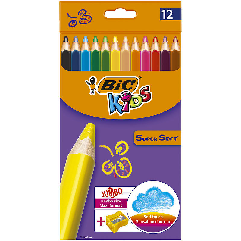 Kredki ołówkowe bic kids super soft pudełko 12 kolorów + temperówka