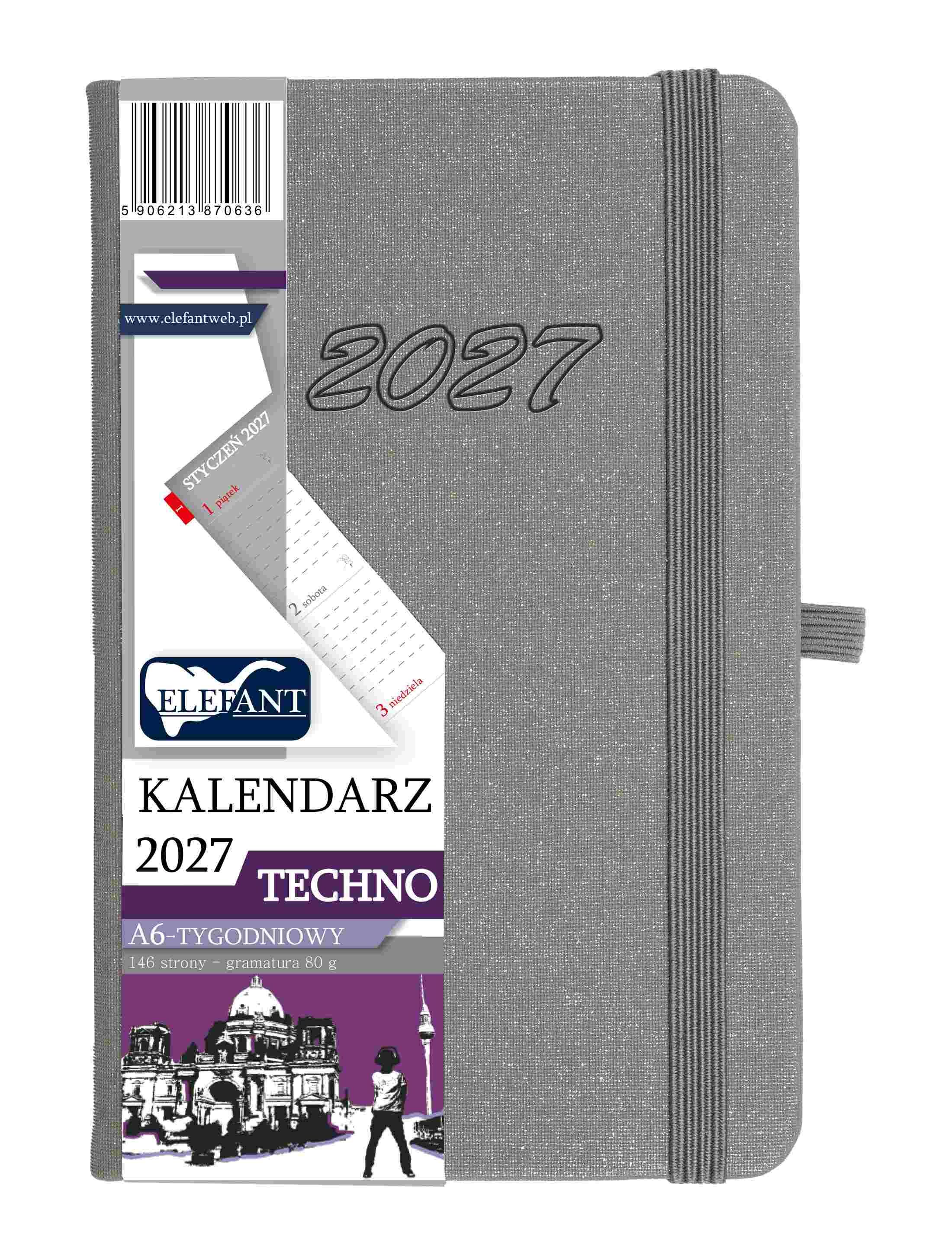 Kalendarz 2027 Techno A6 tygodniowy szary