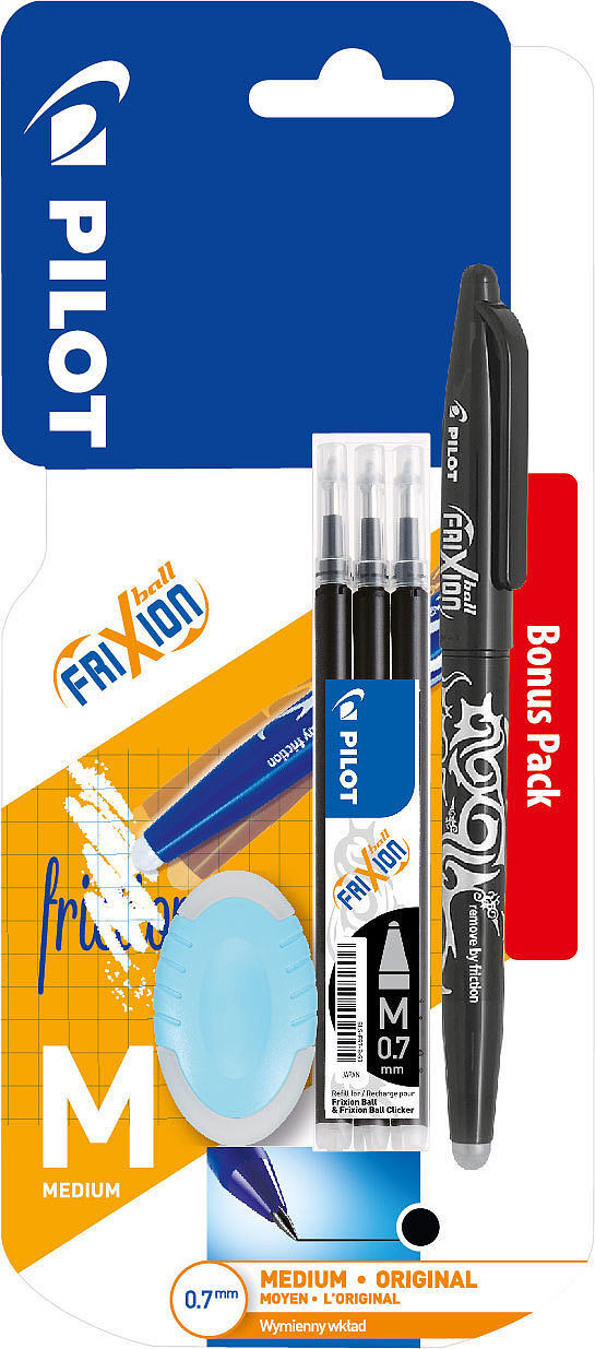 Pióro kulkowe frixion ball + 3 wkłady + 1 gumka czarny pilot