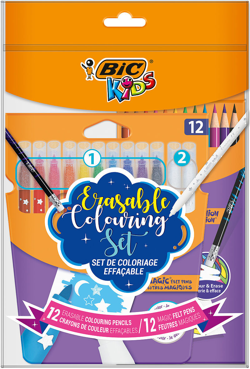 Zestaw flamastry magiczne + kredki wymazywalne bic kids erasable coloring set pouch 12+12 sztuk