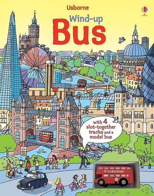Wind-up bus book with slot-together tracks