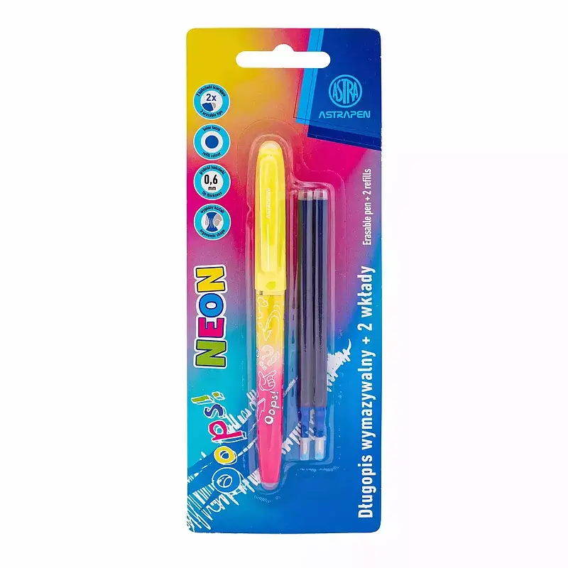 Długopis wymazywalny astrapen oops neon + 2 wkłady niebieskie 1szt. Mix